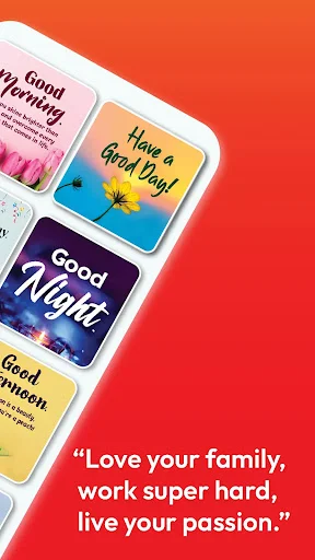 Good Morning Messages app displaying greeting card categories including Good Night and motivational quotes