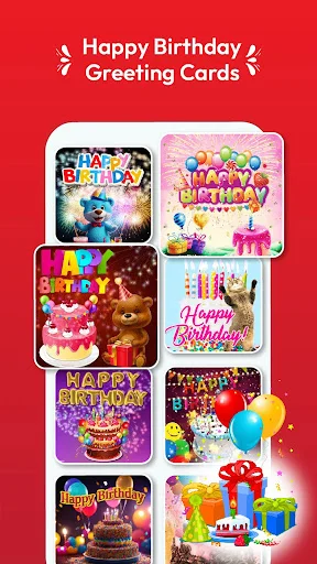 Happy Birthday greeting cards collection with colorful cakes, balloons, and celebration themes