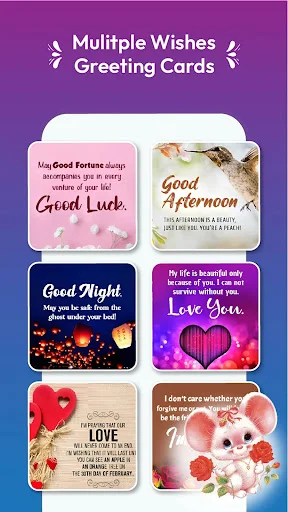Multiple wishes greeting cards including Good Luck, Good Afternoon, Good Night, and Love messages