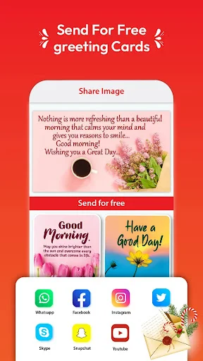 Share free greeting cards interface showing social media options like WhatsApp, Facebook, Instagram