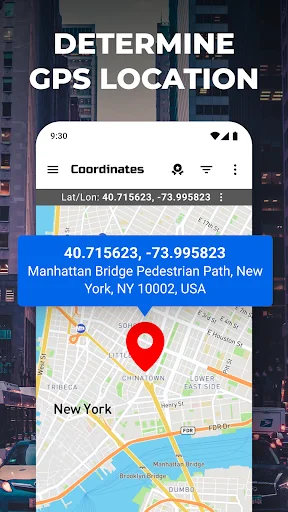 GPS Coordinates app showing Manhattan Bridge location with latitude longitude 40.715623, -73.995823 on map with red pin