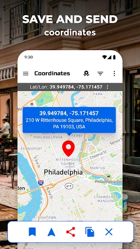 Save and send coordinates screen for Philadelphia showing GPS 39.949784, -75.171457 with sharing options toolbar
