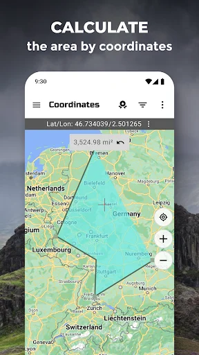 Calculate the area by coordinates tool displaying 3,524.98 square miles across Germany on navigation map