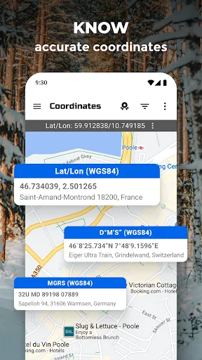 Know accurate coordinates view showing WGS84, D M S, and MGRS coordinate formats for precise GPS location