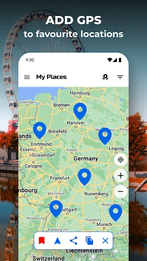 My Places screen showing favorite GPS locations marked with blue pins across Germany map for saved coordinates