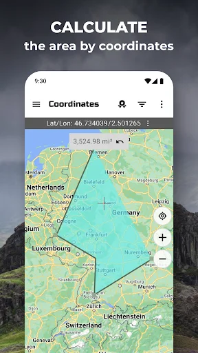 Calculate area by coordinates feature showing 3,524.98 mi² measurement across Germany region on interactive map