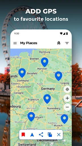 Add GPS to favorite locations map view with multiple blue location pins saved across Germany and Europe