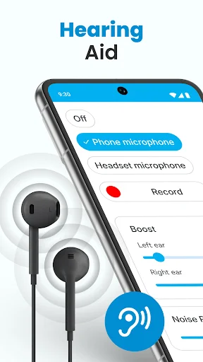 Hearing Aid app main screen with earbuds, microphone settings, recording and boost controls for hearing assistance