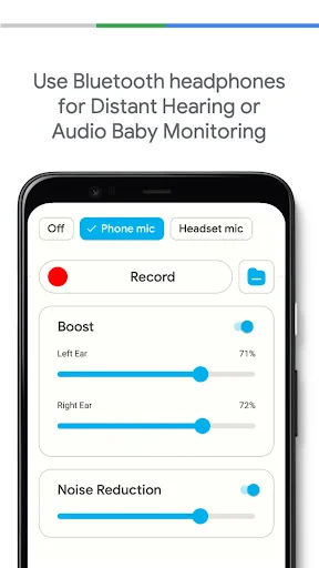 Bluetooth headphones for distant hearing or audio baby monitoring using hearing aid app boost and noise controls