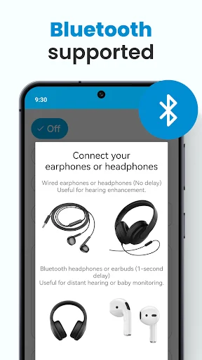 Bluetooth supported feature displaying earphone and headphone connection options for hearing enhancement and monitoring