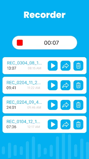 Recorder screen with audio recording list showing timestamps, playback, share and delete options for saved recordings