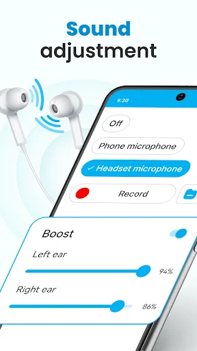 Sound adjustment interface with earbuds, microphone selection, and left/right ear boost sliders at 94% and 86%