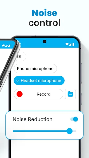 Noise control screen featuring headset microphone mode, record button, and noise reduction slider for hearing aid app