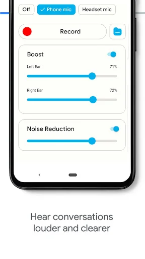 Hearing aid app main controls for hearing conversations louder and clearer with adjustable left and right ear boost