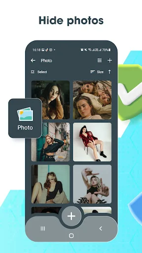HideS app photo vault interface showing hidden photo gallery with image thumbnails and secure storage icon