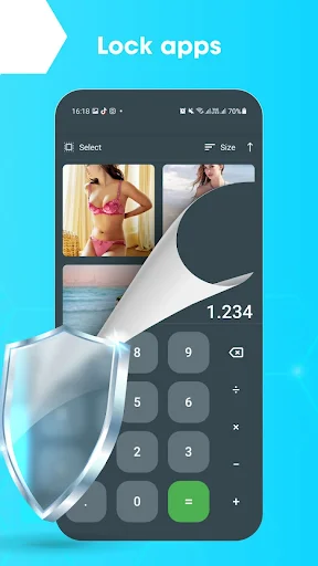 App lock calculator screen with security shield protecting hidden photos and private content behind keypad