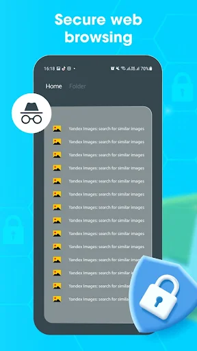Secure incognito browser in HideS displaying private browsing history with detective icon and lock symbol