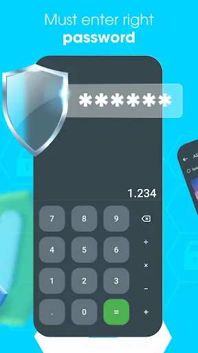 Password protected calculator vault requiring correct PIN entry with security shield for hidden files