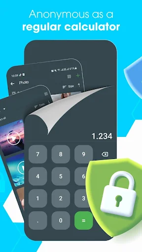 Fake calculator interface hiding private photo gallery with lock icon for disguised vault access
