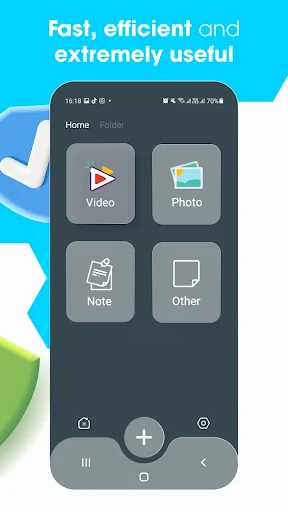 HideS vault home screen with four category tiles: Video, Photo, Note, Other for organizing private files