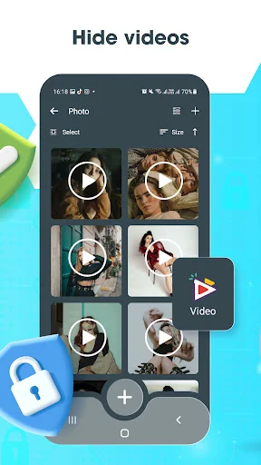 HideS app video vault displaying locked video thumbnails with play buttons and secure video storage feature