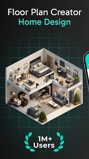 Floor Plan Creator Home Design app splash screen showing 3D isometric house model with 1M+ users badge