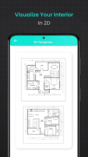 2D floor plan templates view displaying detailed architectural layouts with room labels and dimensions