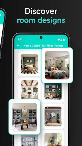Room design inspiration gallery in Floor Plan Creator showing bedroom and living room interior photos