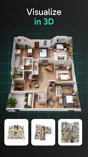 3D home visualization feature displaying isometric floor plan with furnished rooms and layout options