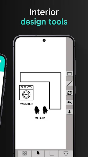 Interior design tool interface showing 2D floor plan editor with washer and chair furniture placement