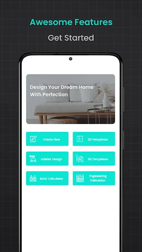 App features menu showing Create New, 3D Templates, Interior Design, and Cost Calculator options