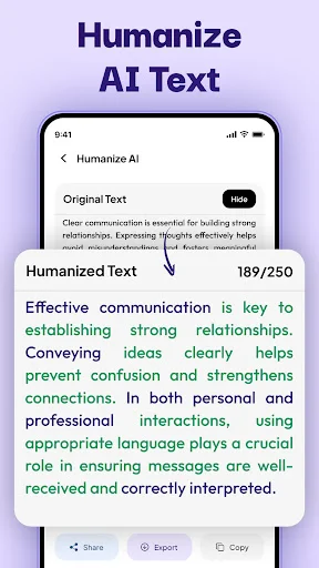 Humanize AI Text tool converting original content to humanized version with 189/250 character counter and options to share, export, or copy