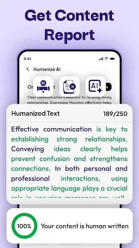 Get Content Report feature with humanized text output, 189/250 character limit, and 100% human written content confirmation badge