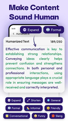 Make Content Sound Human with multiple style formatting buttons including Expand, Shorten, Formal, Informal, Friendly, Conversational, Funny, Slang