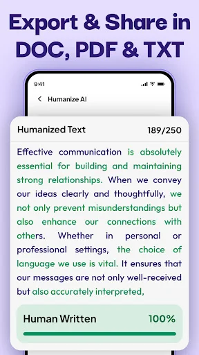 Export and Share in DOC, PDF, TXT display showing humanized text content with 100% human written progress bar and export options