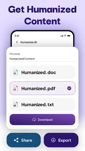 Get Humanized Content download screen with selectable file formats (.doc, .pdf, .txt) and Download, Share, Export action buttons
