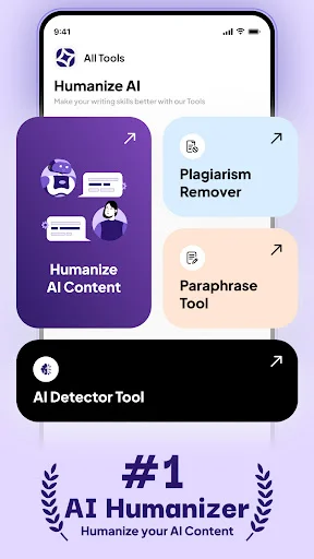 All Tools menu displaying four main features: Humanize AI Content, Plagiarism Remover, Paraphrase Tool, and AI Detector Tool for content transformation