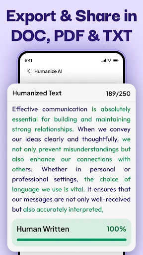 Humanized content display showing 189/250 characters with 100% human-written indicator and progress bar for export in multiple formats