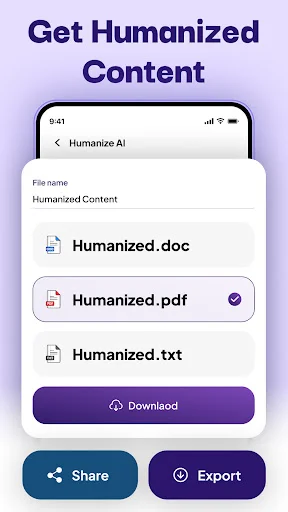 Download humanized content dialog offering three file format options: .doc, .pdf, and .txt with download, share, and export buttons