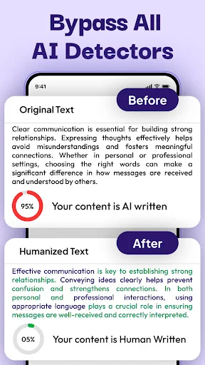 Bypass AI Detectors before-and-after comparison showing original text detected as 95% AI content transformed to 05% AI detection after humanization