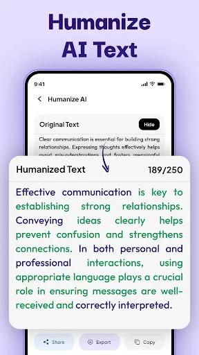 Humanize AI Text interface displaying original and humanized text side-by-side with 189/250 word count and action buttons