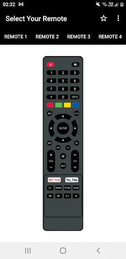 Infocus TV Remote app interface displaying remote template 1 with power button, numeric pad, color buttons, and navigation controls