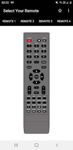 Infocus TV Remote app interface displaying remote template 2 with power button, number pad, and full media control buttons