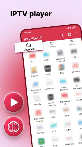 IPTV Player app home screen showing channels grid with navigation tabs and play button for streaming TV