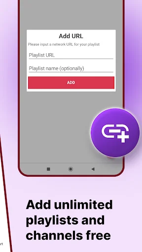 Add URL dialog in IPTV Player app for adding unlimited playlists and channels with input fields