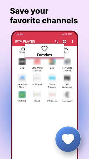 IPTV Player favorites tab displaying saved TV channels with heart icon for managing preferred content