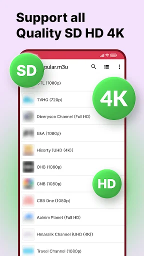 IPTV Player channel list showing SD HD 4K quality support for diverse streaming video formats