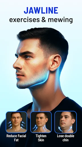 Jawline exercises & mewing app home screen with face yoga goals: reduce facial fat, tighten skin, lose double chin
