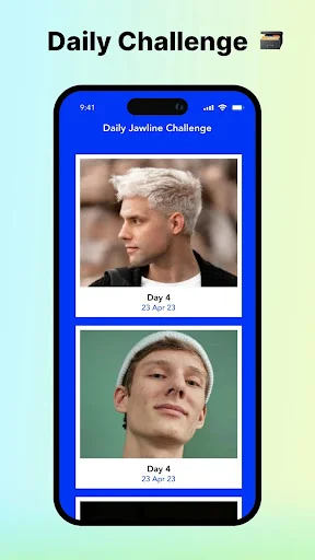 Daily jawline challenge photo tracker showing Day 4 progress photos dated March 23 for face transformation results