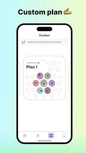 Custom workout plan creation screen with 12-minute Plan 1 displaying face exercise icons for personalized training